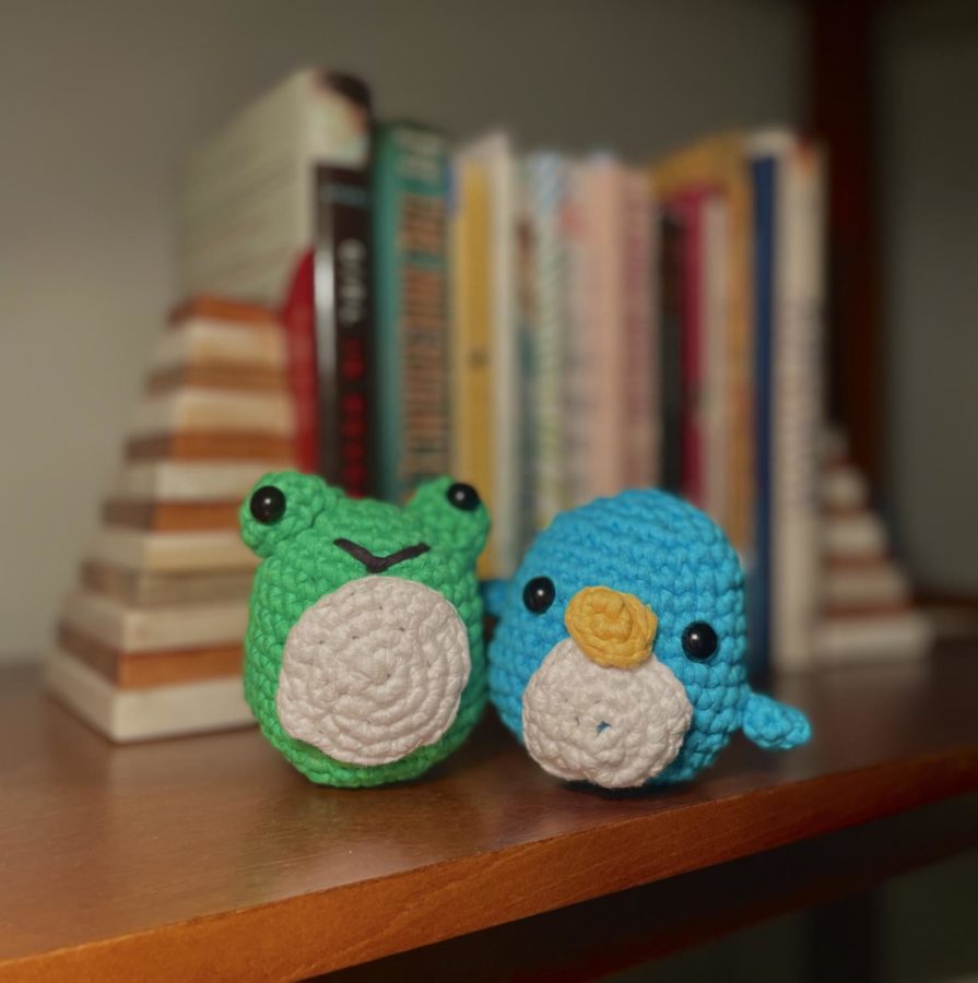 Two crochet projects, Pierre and Henri.